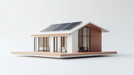 A compact and detailed house model showcasing a rooftop solar panel, symbolizing smart home technology and renewable energy, set on a white background for a minimalist appeal 