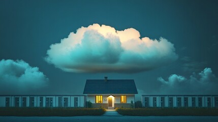 A conceptual image of a dream cloud above a cozy house, with a contrasting row of rental apartment doors below, visually representing the path from renting to owning your own home 