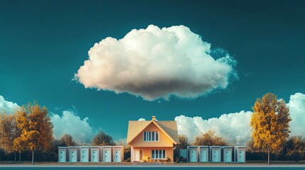 A conceptual image of a dream cloud above a cozy house, with a contrasting row of rental apartment doors below, visually representing the path from renting to owning your own home 