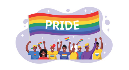 Obraz premium Diverse group celebrating pride with rainbow flag waving in vibrant illustration of unity and equality 