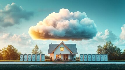 A conceptual image of a dream cloud above a cozy house, with a contrasting row of rental apartment doors below, visually representing the path from renting to owning your own home 