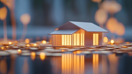 A conceptual image of a house model surrounded by coins, illustrating wealth accumulation through property investment, with a clean background enhancing the minimalist design 