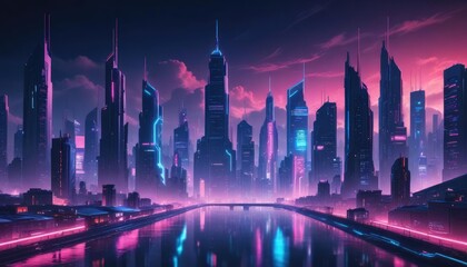 Fototapeta premium Futuristic cityscape at twilight, vibrant neon lights reflecting on a tranquil river