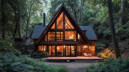 A contemporary A-frame cabin with sleek wooden paneling and large windows, glowing warmly in the fading light of dusk, surrounded by dense woodland for a serene escape 