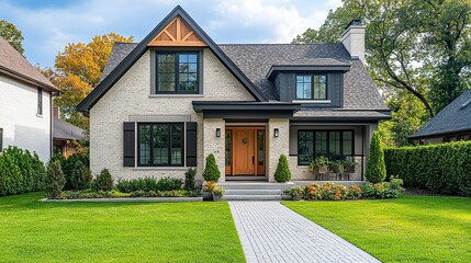 A contemporary, cozy home with a trendy entrance door, paved yard, shutters framing large windows, and a clean porch design, with a minimal background for flexible text placement 