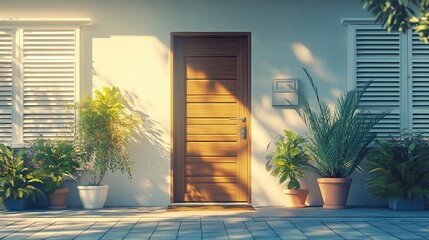 A contemporary, cozy home with a trendy entrance door, paved yard, shutters framing large windows, and a clean porch design, with a minimal background for flexible text placement 