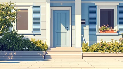 A contemporary, cozy home with a trendy entrance door, paved yard, shutters framing large windows, and a clean porch design, with a minimal background for flexible text placement 