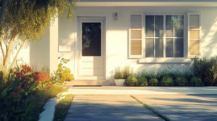 A contemporary, cozy home with a trendy entrance door, paved yard, shutters framing large windows, and a clean porch design, with a minimal background for flexible text placement 