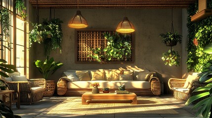 A contemporary eco-conscious interior with a clean design, sustainable furniture, hanging planters, and a bamboo coffee table, blending functionality and greenery seamlessly 