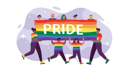 Diverse group of people holding pride flag celebrating LGBTQ community with rainbow colors in flat vector style 