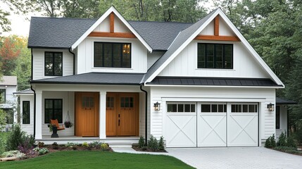 A contemporary farmhouse with crisp white board and batten siding, a warm white oak front door, and a covered porch, complemented by black-framed windows and a matching garage door