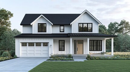 A contemporary farmhouse with crisp white board and batten siding, a warm white oak front door, and a covered porch, complemented by black-framed windows and a matching garage door 
