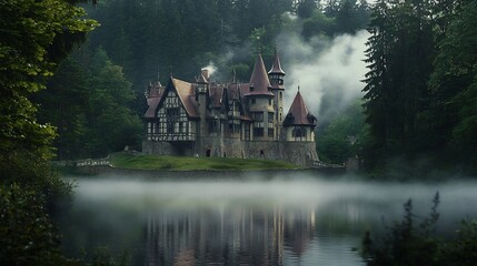 Fototapeta premium Enchanted castle surrounded a moat soft mist rising from the water cinematic medieval fairytale