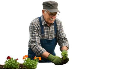 Elderly man tending to vibrant flowers in a garden, showcasing gardening skills and enjoying nature's beauty