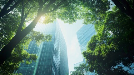 A contemporary glass office building with lush green trees in the foreground, highlighting the integration of nature and sustainable design in the modern city 
