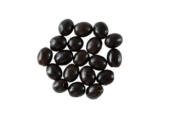 A top down view of a layer of black pitted olives, against a white background.