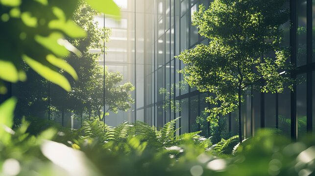 A contemporary glass office building with lush green trees in the foreground, highlighting the integration of nature and sustainable design in the modern city 