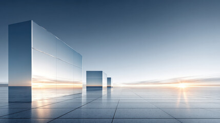 A modern minimalist scene of two mirrored glass walls on the right and left