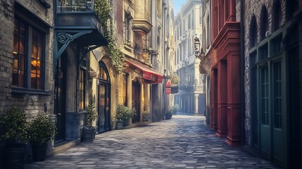 Fototapeta premium Charming European Street Scene with Cobblestones and Quaint Architecture