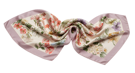 Elegant floral silk scarf elegantly draped on a flat surface, showcasing intricate designs and vibrant colors