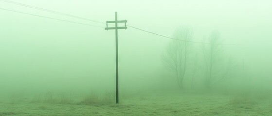 A foggy field with a pole & trees