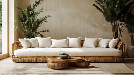 Fototapeta premium A contemporary living space featuring a bamboo-framed sofa, a matching coffee table, and tall indoor plants, accented by neutral walls and natural lighting 