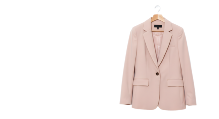 Elegant light pink blazer hanging on a wooden hanger against a plain background, ideal for fashion showcases or online retail