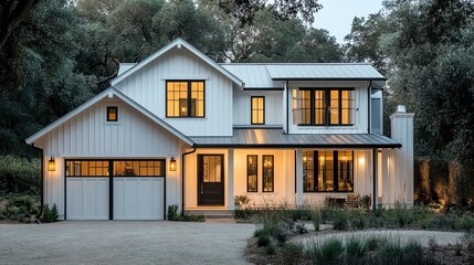 A contemporary white farmhouse with vertical board and batten siding, a covered porch leading to a white oak front door, and bold black-framed windows and garage door 