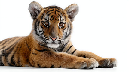Fototapeta premium Young tiger cub resting on a white surface, showcasing its striking fur and curious expression