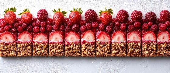 Row of berry topped granola bars. Delicious dessert.  Sweet treat