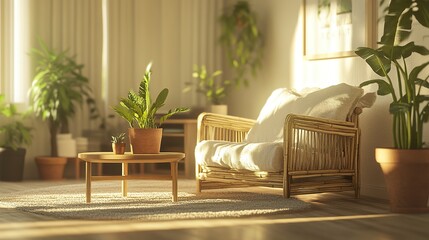 Obraz premium A cozy, eco-conscious living room showcasing a bamboo armchair, a low-profile coffee table, and potted plants in terracotta pots, surrounded by soft beige and white tones for a calming aesthetic 