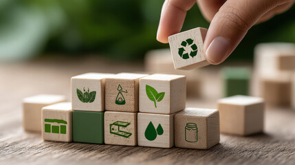 Wooden blocks with green eco icons such as energy, waste, and water management symbols on the ground