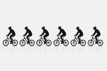 Obraz premium Row of cyclists riding bikes, silhouettes against white background. Reflection visible below
