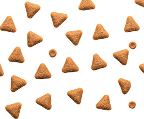 Brown triangle shaped pet food kibble pattern background dog cat shot meal on transparent background