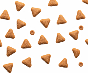 Brown triangle shaped pet food kibble pattern background dog cat shot meal on transparent background