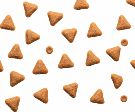 Brown triangle shaped pet food kibble pattern background dog cat shot meal on transparent background