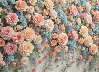 Pastel colored lace-trimmed artificial flower wall, vintage floral style , wallpaper, wedding, pretty
