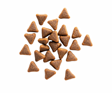 Brown triangle shaped dry pet food kibble pieces dog cat meal diet feed on transparent background