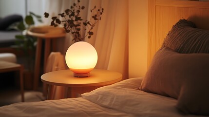 Warm bedroom ambiance lit by a round lamp.