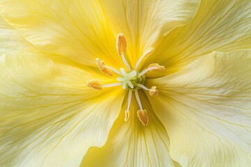Close-up of a pale yellow flower's center. Detailed view of delicate petals, stamens, and pistil