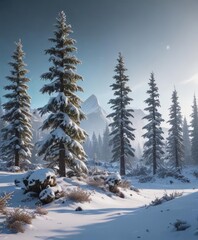 Stark, icy expanse, snow-covered conifers, faint research outpost, ethereal aurora ,  blue,  green