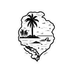 Abstract Tropical Island Outline Silhouette, Beach Paradise Illustration Design