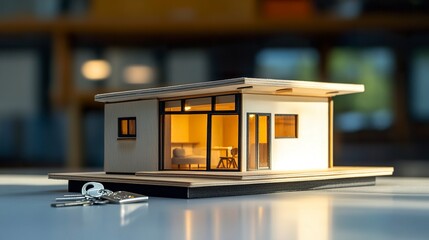A detailed model of a tiny house with charming features, placed beside silver keys on a clean surface, creating a visual representation of affordable homeownership in the real estate market 