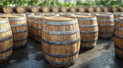 Rows of wooden barrels, possibly for wine or spirits, sit on a wet floor near green vines