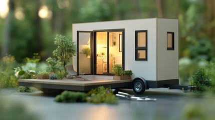 A detailed model of a tiny house with charming features, placed beside silver keys on a clean surface, creating a visual representation of affordable homeownership in the real estate market 