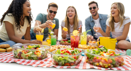 Group of friends enjoying a vibrant picnic with colorful salads and drinks on a checkered blanket in a sunny park