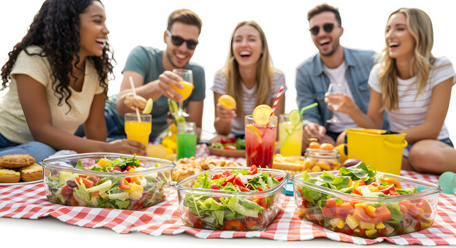 Group of friends enjoying a vibrant picnic with colorful salads and drinks on a checkered blanket in a sunny park