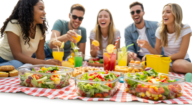 Group of friends enjoying a vibrant picnic with colorful salads and drinks on a checkered blanket in a sunny park