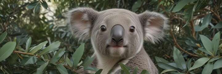 Adorable koala joey nestled amongst eucalyptus leaves, seamless repeat , australian fauna, vector pattern