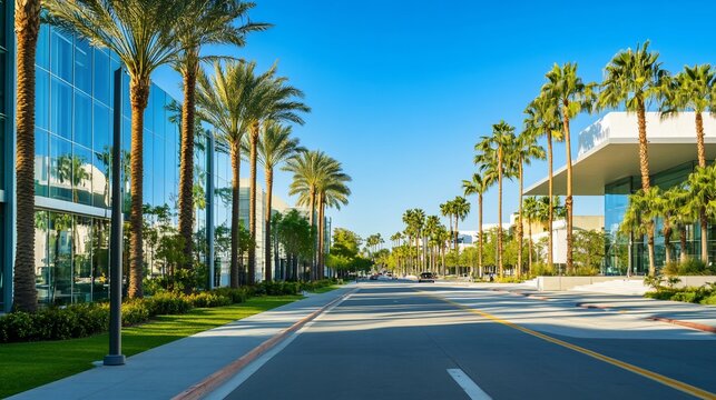 Palm Tree Lined Avenue in Irvine, California with Modern Architecture